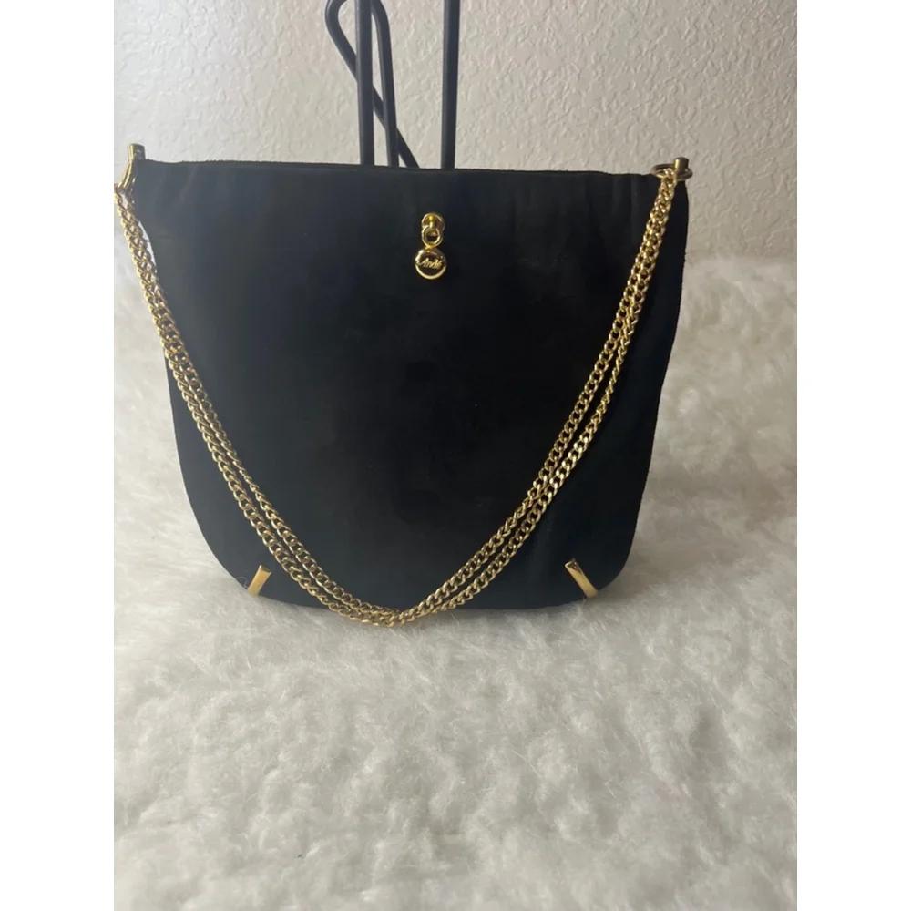 Vintage Ande 1960’s Black Suede Evening Bag Gold Double/Single Chain